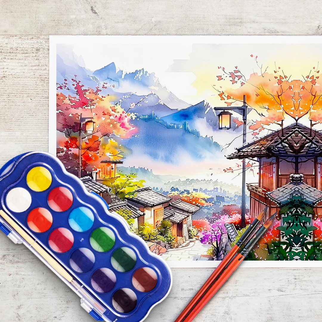 Water colours with brush